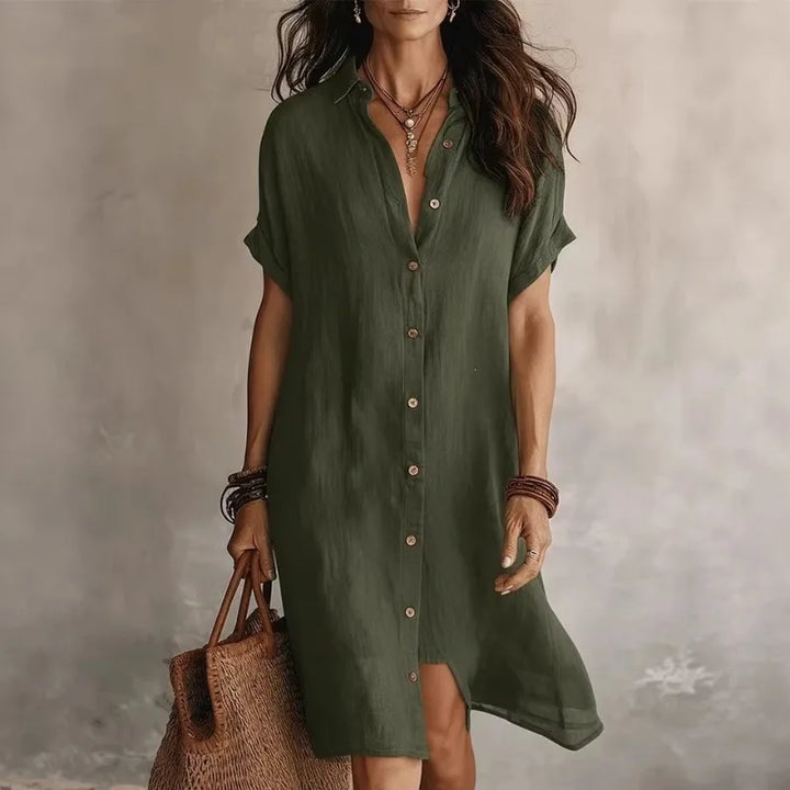 Women's button-front shirt midi dress with short sleeves and asymmetric hemline