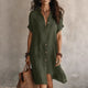 Women's button-front shirt midi dress with short sleeves and asymmetric hemline