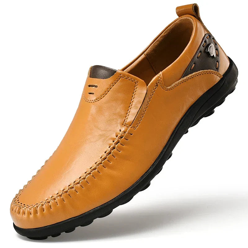 Men's slip-on loafers with moc-toe stitching and textured flat soles
