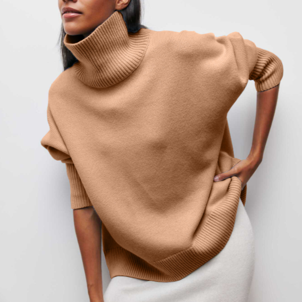 Women's plain ribbed turtleneck sweater with relaxed fit