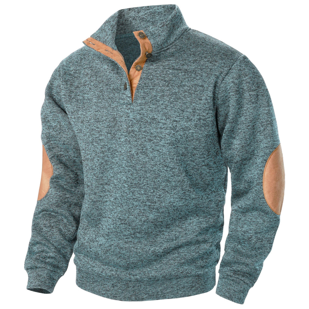 Unisex quarter zip sweater with stand collar and elbow patches