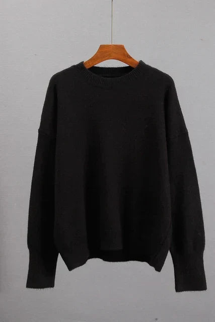 Women's plain crew neck sweater with long sleeves and ribbed trims