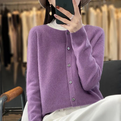Women's long sleeve crew neck cardigan with button front and ribbed trims