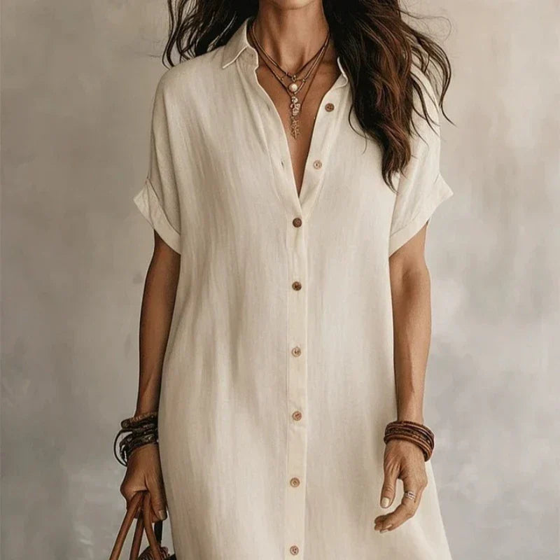 Women's button-front shirt midi dress with short sleeves and asymmetric hemline
