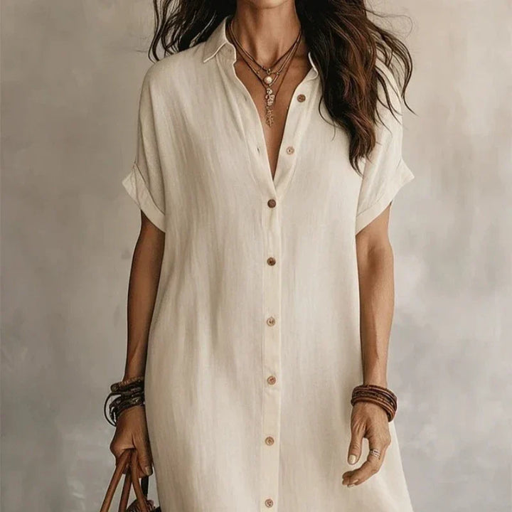 Women's button-front shirt midi dress with short sleeves and asymmetric hemline