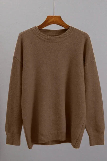 Women's plain crew neck sweater with long sleeves and ribbed trims