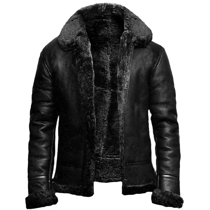Men's hooded coat with plush lining, long sleeves and diagonal zip front