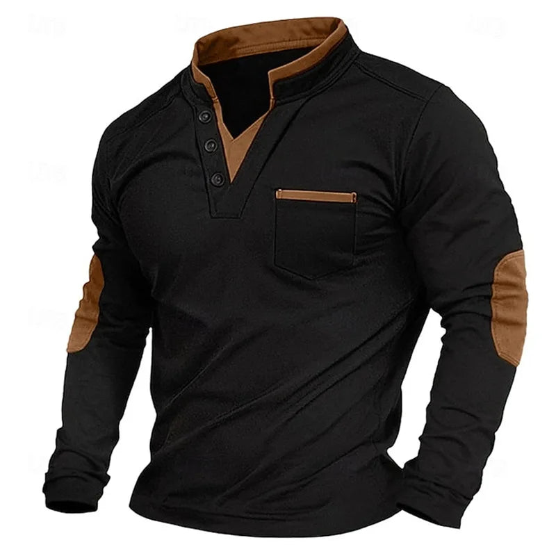 Men's V-neck pullover with chest pocket and contrast elbow panels
