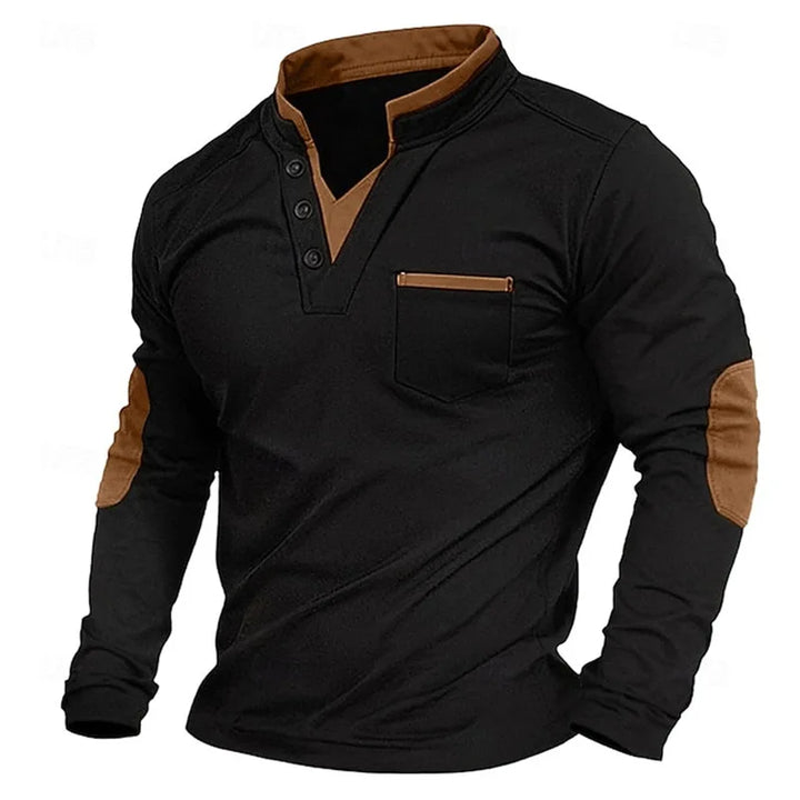 Men's V-neck pullover with chest pocket and contrast elbow panels