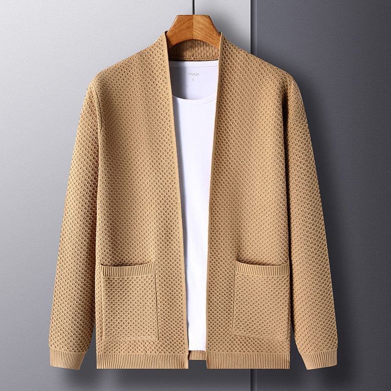 Men's textured open front cardigan with patch pockets