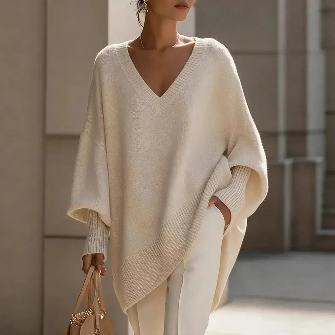 Women's oversized V-neck sweater with long sleeves and ribbed trim