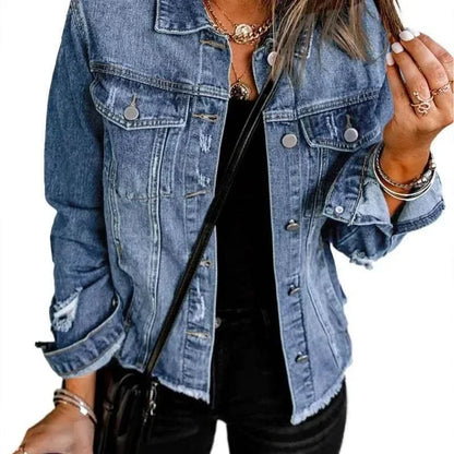 Women's distressed denim jacket with button front, chest pockets and long sleeves