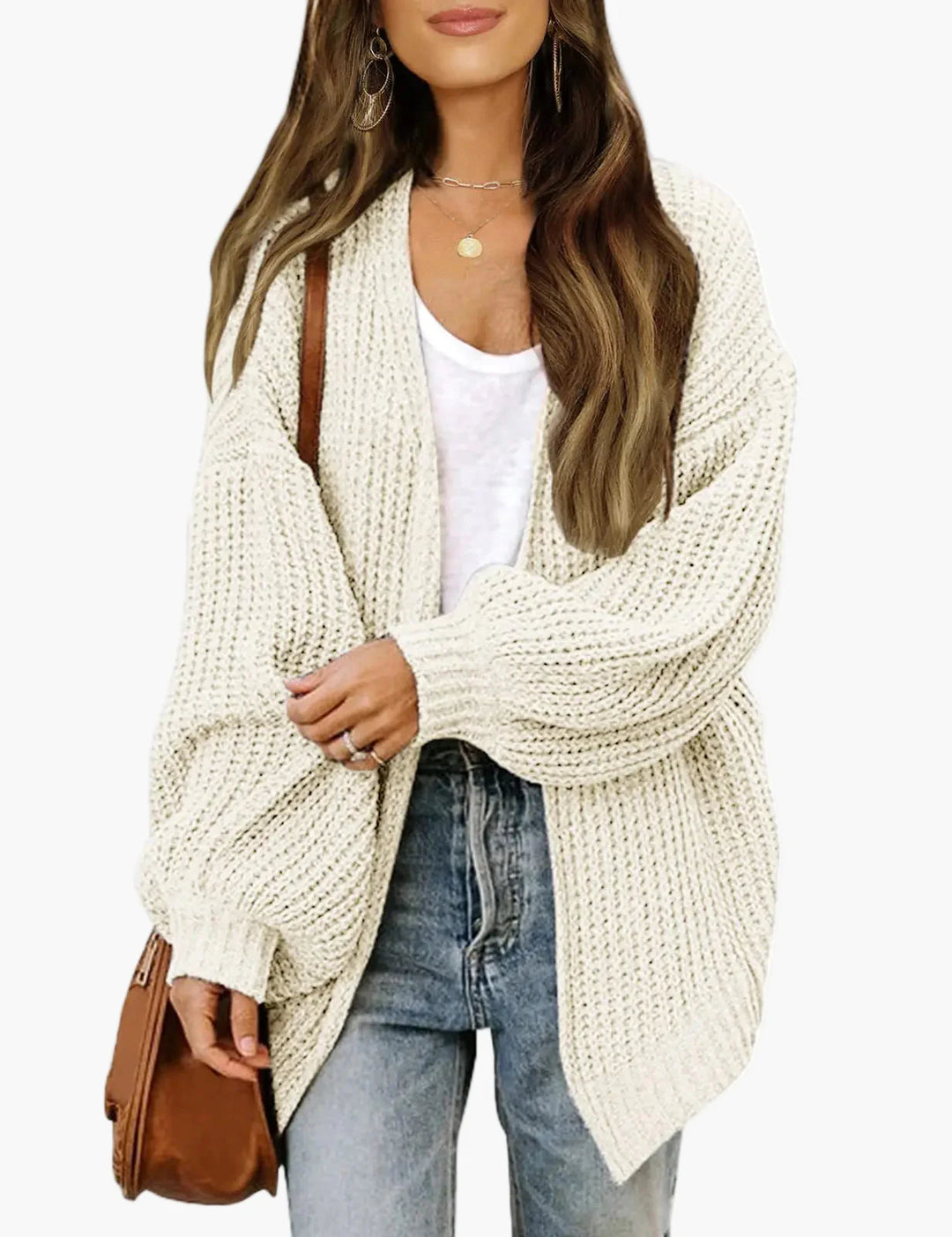 Women's oversized textured knit cardigan with long sleeves and open front
