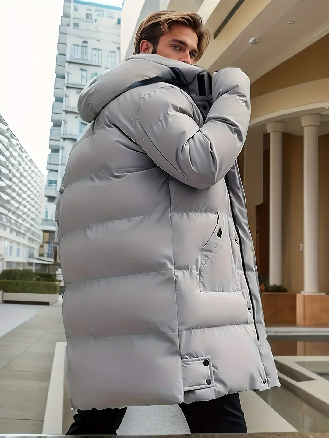 Men's long hooded puffer coat with front pockets