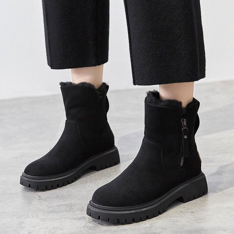 Women's ankle boots with fur-trimmed openings and chunky lug soles