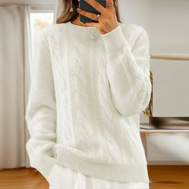 Women's cable knit crew neck sweater with long sleeves