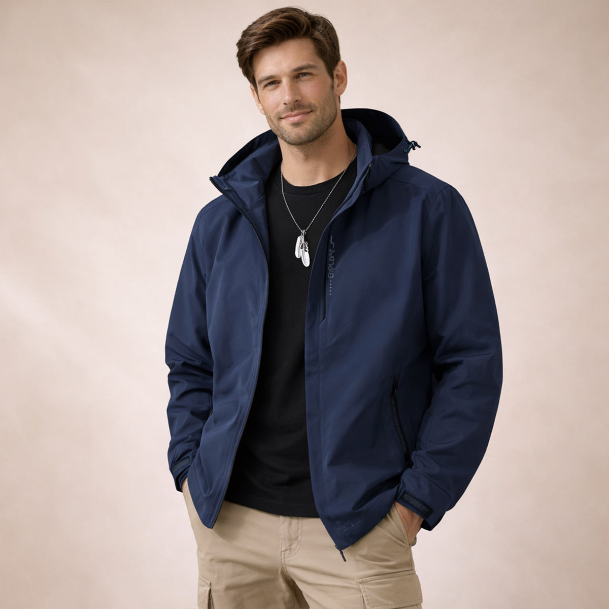 Men's hooded zip-front rain jacket with long sleeves and side zip pockets