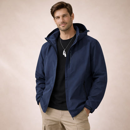 Men's hooded zip-front rain jacket with long sleeves and side zip pockets