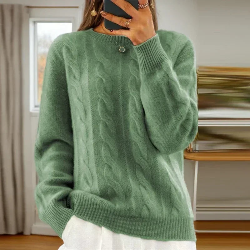 Women's cable knit crew neck sweater with long sleeves
