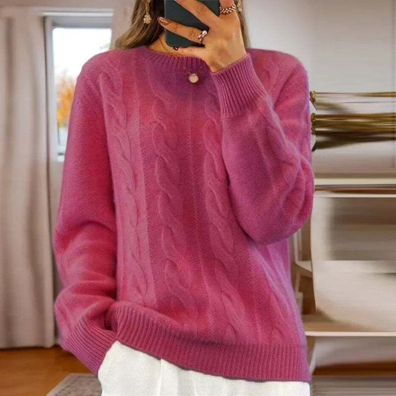 Women's cable knit crew neck sweater with long sleeves