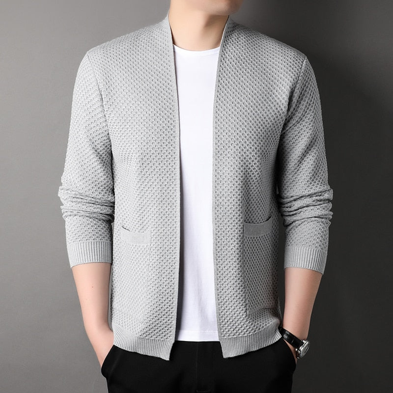 Men's textured open front cardigan with patch pockets
