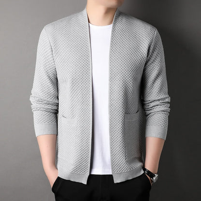 Men's textured open front cardigan with patch pockets