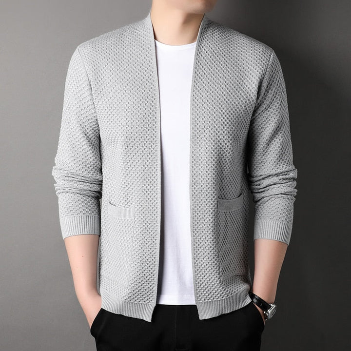Men's textured open front cardigan with patch pockets