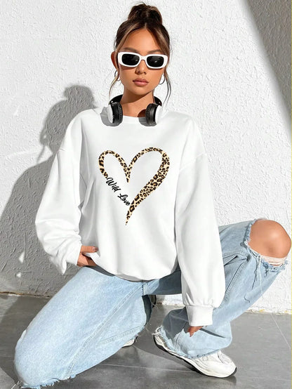 Women's sweatshirt with leopard-print heart graphic, crew neckline and long sleeves