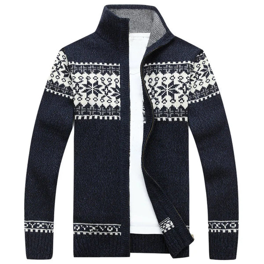 Long-sleeve patterned knit cardigan with high collar and front zipper