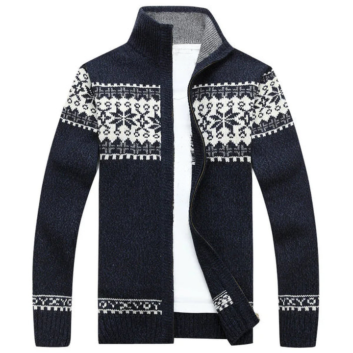 Long-sleeve patterned knit cardigan with high collar and front zipper