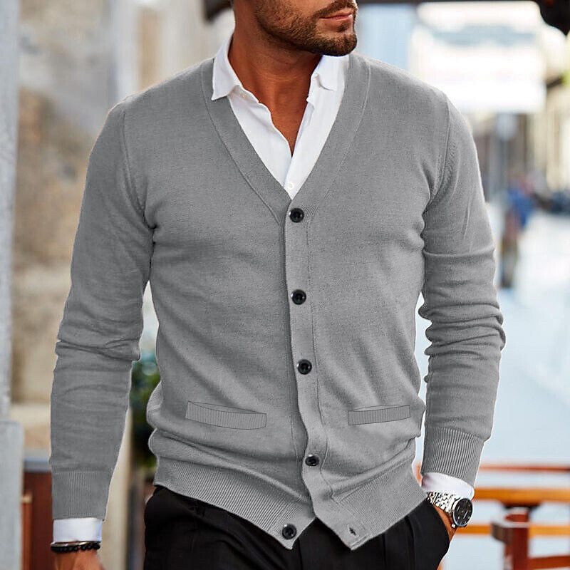 Men's long-sleeve V-neck button cardigan with ribbed trims