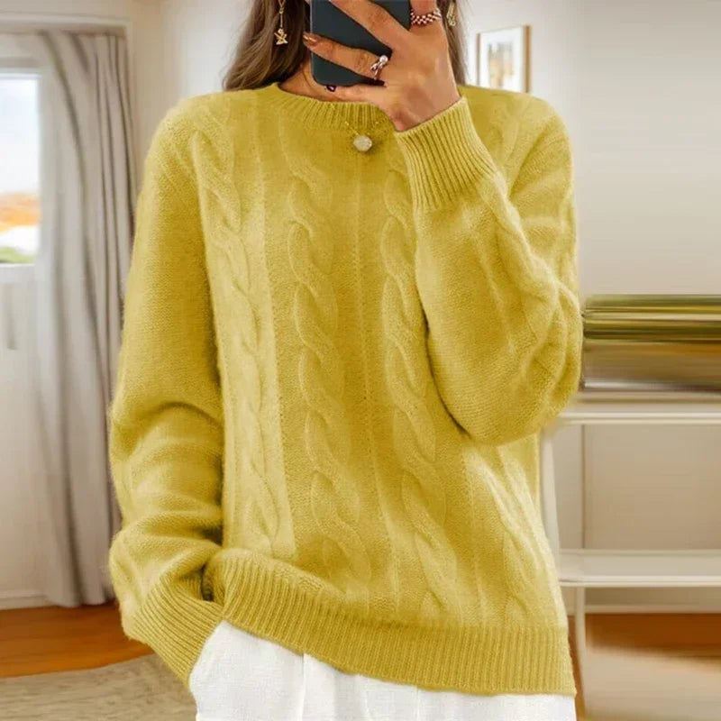 Women's cable knit crew neck sweater with long sleeves