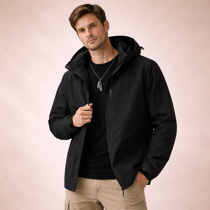 Men's hooded zip-front rain jacket with long sleeves and side zip pockets