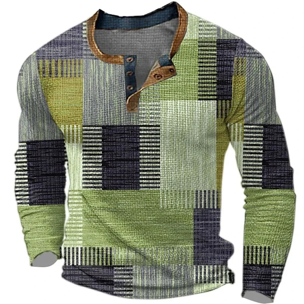 Men's geometric patchwork shirt with mandarin collar and long sleeves