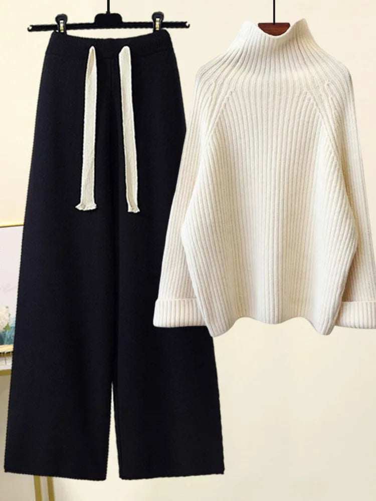 Women's ribbed turtle-neck sweater and wide-leg trouser set