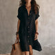 Women's button-front shirt midi dress with short sleeves and asymmetric hemline