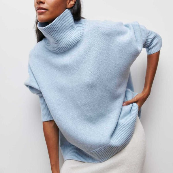 Women's plain ribbed turtleneck sweater with relaxed fit