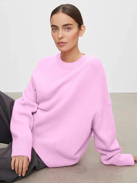 Women's plain crew neck sweater with long sleeves and ribbed trims