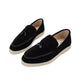 Women's flat slip-on loafers with rounded moc toe and metal trim