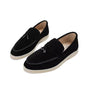 Women's flat slip-on loafers with rounded moc toe and metal trim