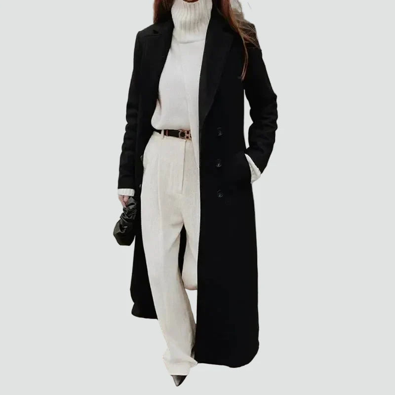 Women's black long double-breasted coat with notched lapels and long sleeves