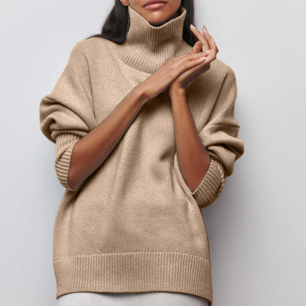 Women's plain ribbed turtleneck sweater with relaxed fit