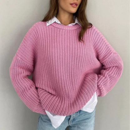 Women's ribbed knit sweater with crew neck and long sleeves