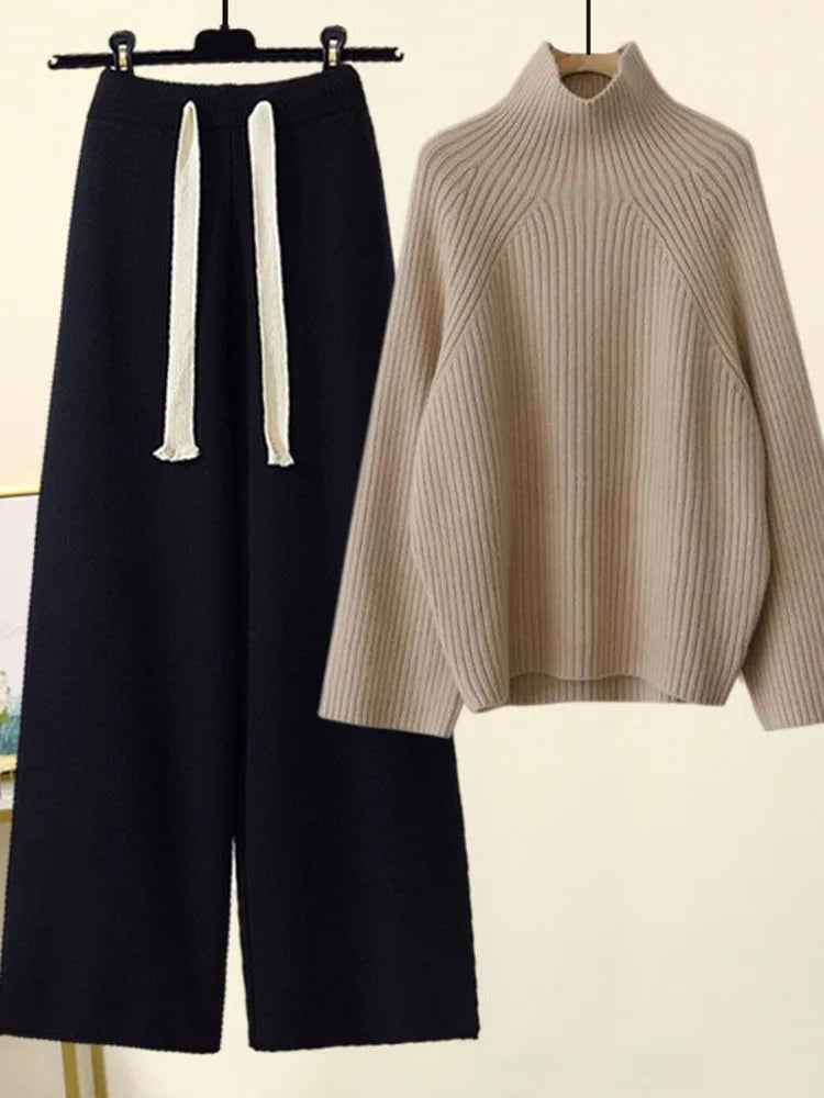 Women's ribbed turtle-neck sweater and wide-leg trouser set