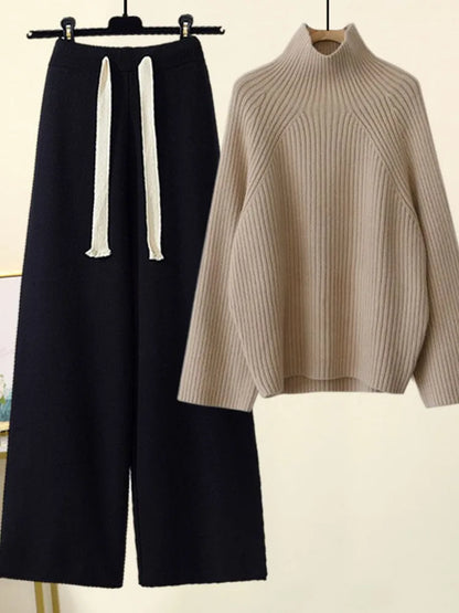 Women's ribbed turtle-neck sweater and wide-leg trouser set