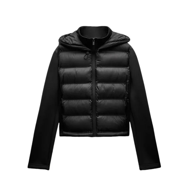 Women's black cropped hooded puffer jacket with long sleeves and front zip