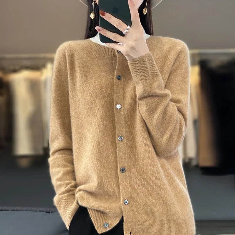 Women's long sleeve crew neck cardigan with button front and ribbed trims