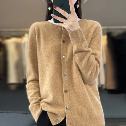 Women's long sleeve crew neck cardigan with button front and ribbed trims