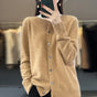 Women's long sleeve crew neck cardigan with button front and ribbed trims