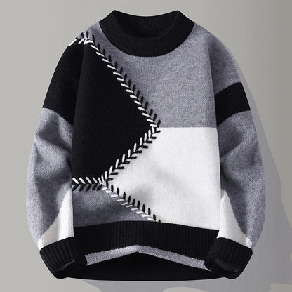 Unisex geometric patchwork crew neck sweater with long sleeves and ribbed trims